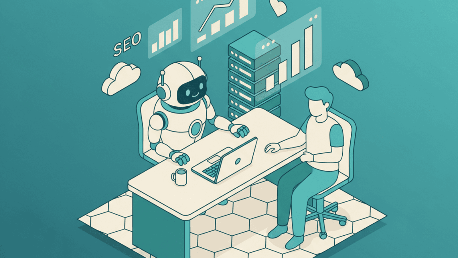 Isometric illustration for ai replace seo article